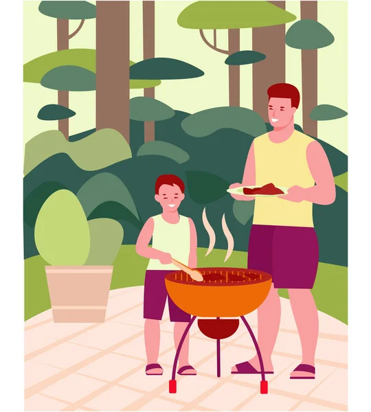 父と息子はバーベキューグリルを準備しています。家族のピクニックのコンセプト、パーティー、屋外食品。平面図のベクトル図. — ストックベクタ