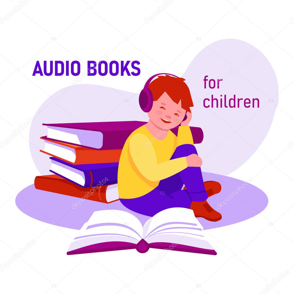 Audiobooks for children. A little boy with headphones listens to an audiobook. Vector concept in flat cartoon style.