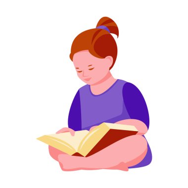 Küçük kız yerde oturmuş kitap okuyor. Çizgi film tarzında vektör illüstrasyonu. Beyaz bir arkaplanda izole edilmiş.