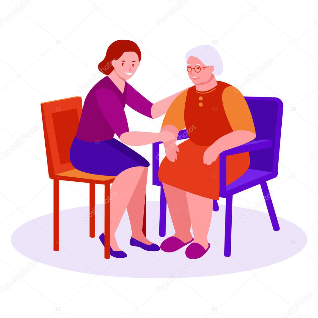 Support, care for the elderly. A young woman sits next to an elderly woman. Vector illustration in flat cartoon style. Isolated on a white.