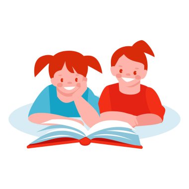 İki küçük kız yerde kitap okuyorlar. Düz bir şekilde vektör illüstrasyonu. Bir beyazda izole edilmiş..