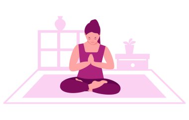 Kadın evde yoga yapıyor. İç mekan. Ev zindeliği ve sağlıklı yaşam tarzı kavramı. Düz çizgi filmdeki vektör illüstrasyonu.