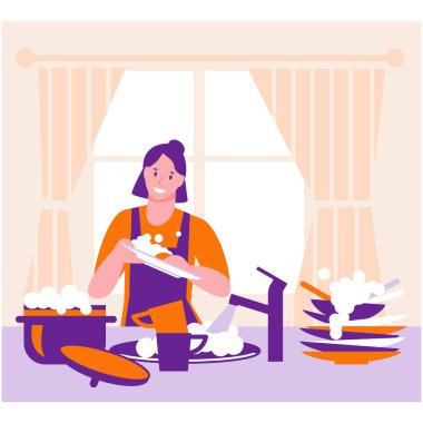 Kadın ev hanımı mutfakta bulaşık yıkar. Ev vektörü konsepti. Çizgi filmdeki çizimler.