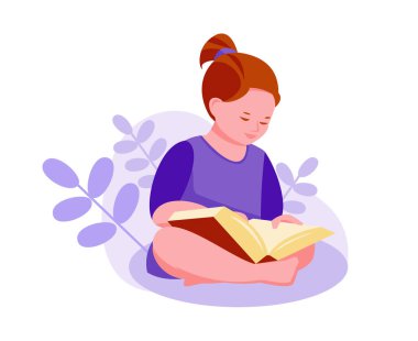 Küçük kız doğada bir kitap okuyor. Bitkiler, yapraklar. Okuma, eğitim, eğlence konsepti. Çizgi film tarzında vektör illüstrasyonu. Bir beyazda izole edilmiş..