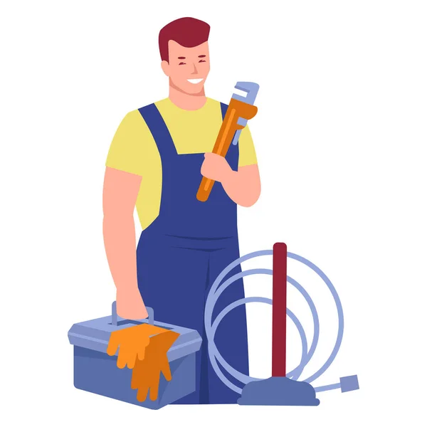 Een Werkende Loodgieter Met Een Verstelbare Moersleutel Een Doos Gereedschap — Stockvector
