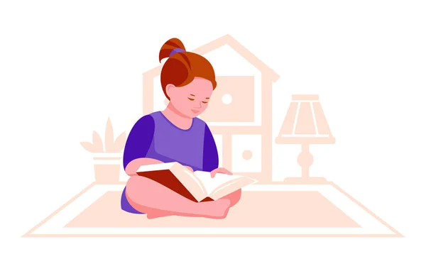 Niña Está Leyendo Libro Habitación Concepto Lectura Educación Recreación Ilustración — Vector de stock