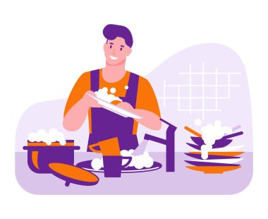 Adam bulaşıkları yıkar. Ev vektörü konsepti. Çizgi filmdeki çizimler.