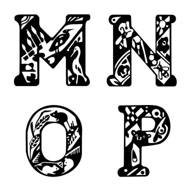 Hayvanlı büyük harfler. Harfler: M, N, O, P. Crane, balıkçıl, ayı, arılar, fare desenleri siyah ve beyaz bir vektör çiziminde izole edilmiş.