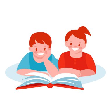 Çocuklar bir kitap okurlar. Çizgi filmdeki vektör çizimi. Bir beyazda izole edilmiş..