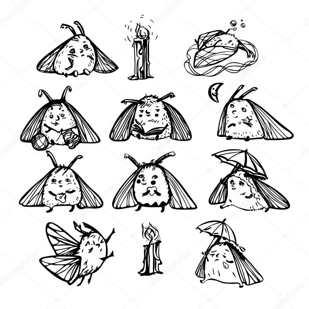 A set of vector illustrations with cute moths: sad and funny under an umbrella,with a candle, with soap bubbles, with a heart, with a flower, looking at the moon, reading.