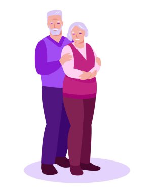 Mutlu yaşlı çift. İlişki konsepti, bakım, yaşlılıkta destek. Çizgi film tarzında vektör illüstrasyonu. Bir beyazda izole edilmiş..