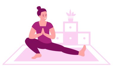 Genç kadın evde yoga yapıyor. Günlük egzersiz konsepti, sağlıklı yaşam tarzı. Düz biçimli vektör illüstrasyonu.