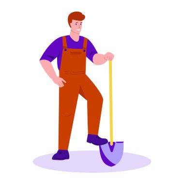 Kürekli genç bir çiftçi. Çizgi film tarzında vektör illüstrasyonu. Beyaz bir arkaplanda izole edilmiş.