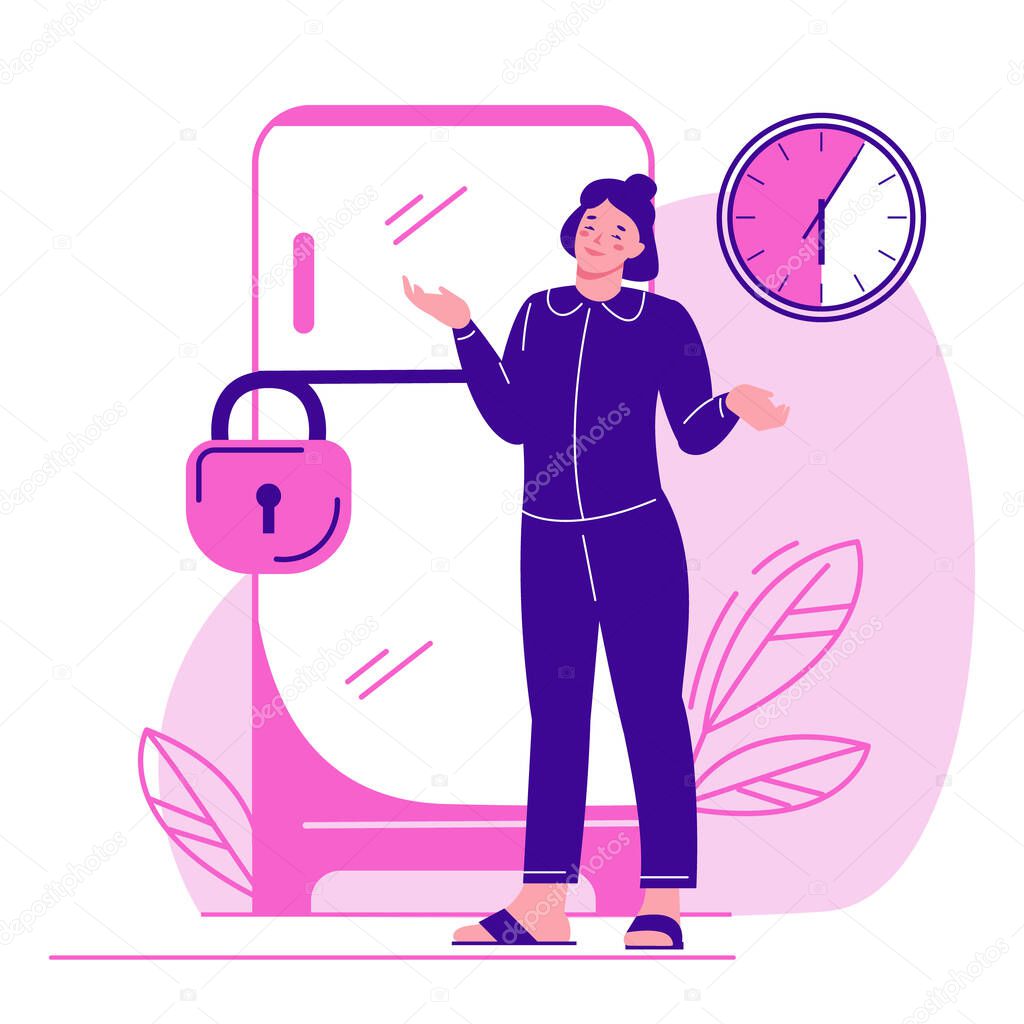 Fridge padlock. Watch dial. The woman shrugs. Dont eat after 6 pm, fasting. Healthy food concept. Vector illustration in flat style.