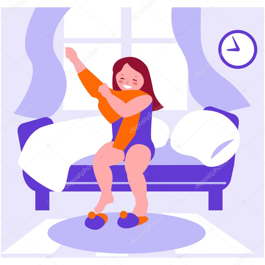 The little girl woke up and gets dressed while sitting on the bed. Morning routines. Vector illustration in flat cartoon style. Isolated on a white background.