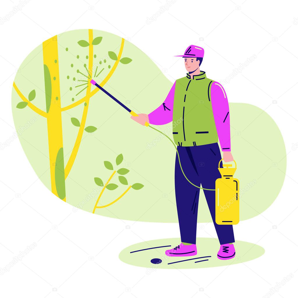 Spring processing of garden trees. A man sprays trees from diseases and insect pests. Vector illustration in flat style.