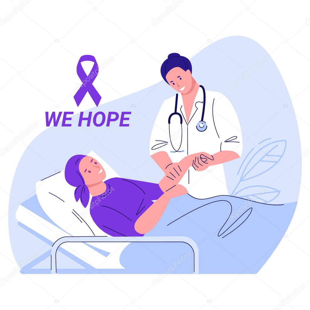 Woman with cancer in bed at the hospital. The oncologist is standing next to her and holding her hand. Awareness lavender ribbon. We hope. Oncology treatment concept. Vector illustration. Flat style.