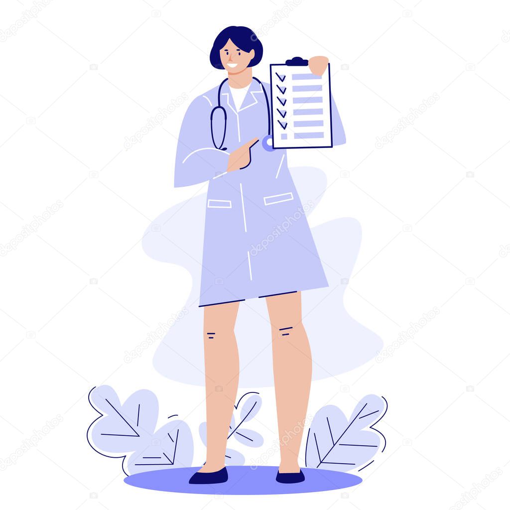 Medical doctor woman with clipboard. Recommendations for treatment and health. Vector illustration in flat cartoon.