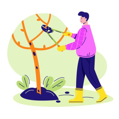 Bahçe ağaçlarının bahar süreci. Erkek bir bahçıvan bir budama makinesiyle ağaç kesiyor. Düz olarak vektör illüstrasyonu.