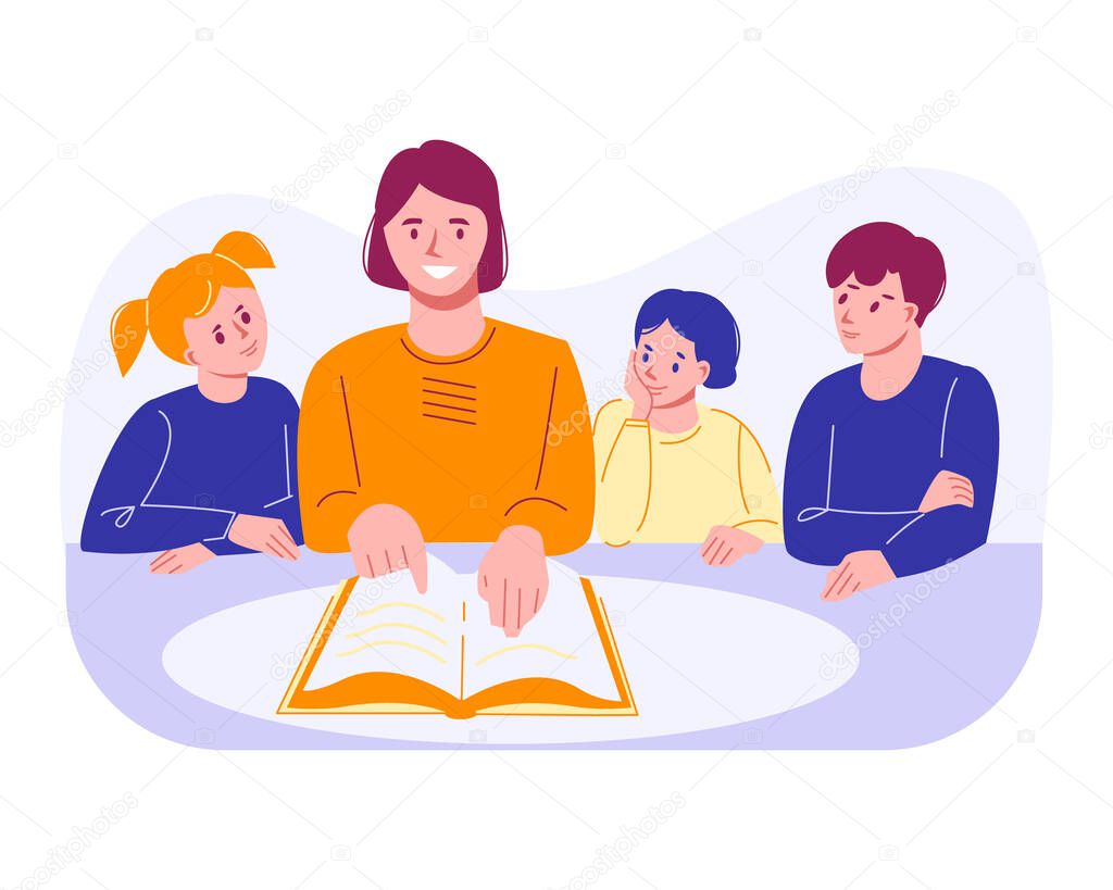 Tutor, mother teaches lessons with children. Woman teacher reads a book to kids. Vector illustration in flat style.