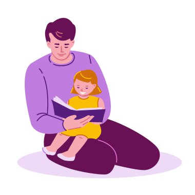 Baba küçük bir kıza kitap okur, kızım. Aile tatili kavramı. Çizgi film tarzında vektör illüstrasyonu. Beyaz bir arkaplanda izole edilmiş.