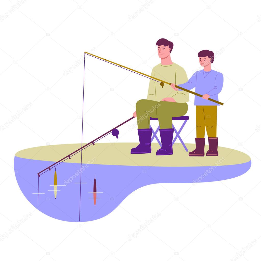 Father and son are fishing. Family outdoor activities concept. Illustration in flat cartoon style. Isolated on a white background.