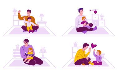 Baba ve çocukların birlikte vakit geçirmesi kavramı. Aile, odanın arka planında yer alıyor. Düz çizgi filmdeki vektör illüstrasyonu.