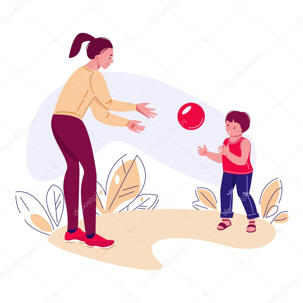 Mom and son play ball in nature. Active summer vacation concept. Vector illustration in flat.