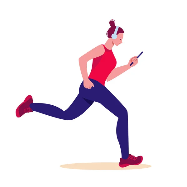 Girl Running Phone Headphones Vector Illustration Flat Cartoon Style Isolated — Stock Vector