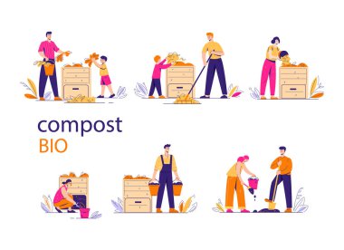 Biyolojik atık geri dönüşümlü gübre kutusu. Organik gübreler için bir çöp yığını. Kutunun yanındaki bahçıvanlardan. Düzlükte vektör çizimleri kümesi.