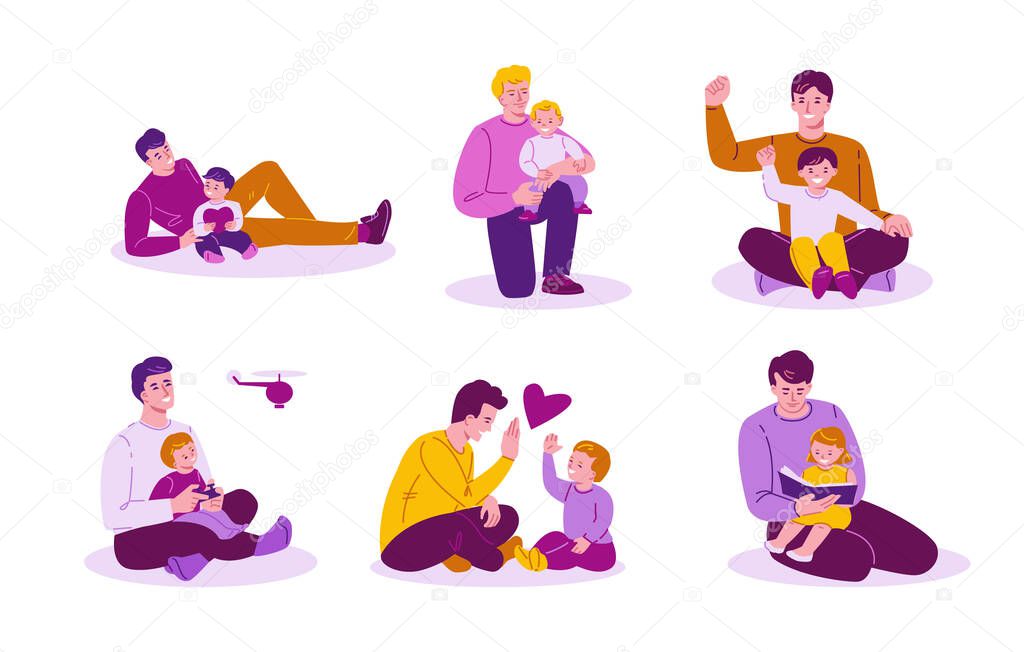 The father spends time with the children. A man plays with his son and daughter. A happy family. Set of isolated vector illustrations in flat cartoon.