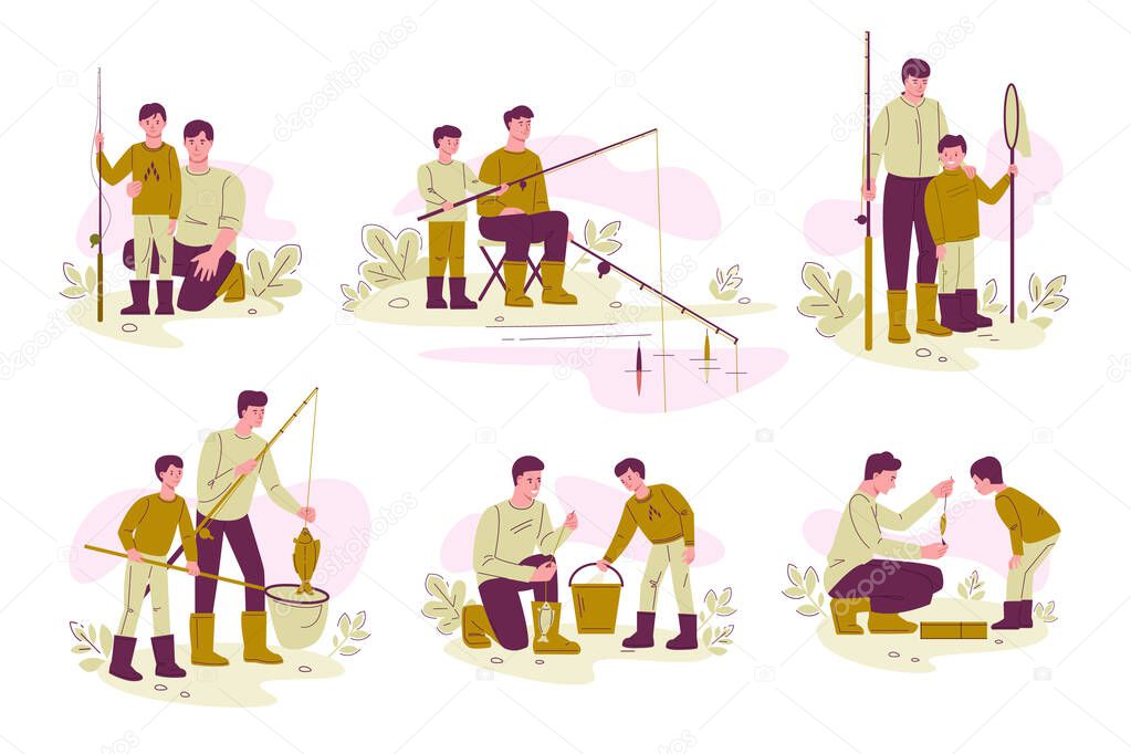 Father and son are fishing. Active family vacation concept. Set of vector illustrations in flat.
