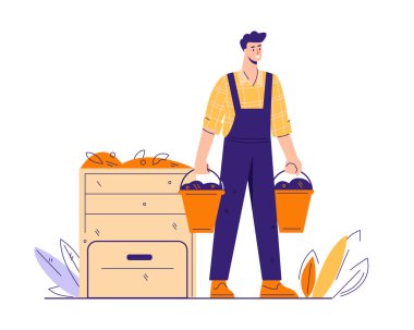 Gübreleme organik atık konsepti. Bir adam organik tarım için hazır gübre kovaları taşır. Çizgi filmdeki vektör çizimi. Beyazda izole edilmiş.