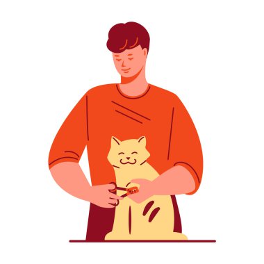 Genç adam kedinin pençelerini keser. Hayvan bakımı konsepti. Düz bir şekilde vektör illüstrasyonu. Bir beyazda izole edilmiş..