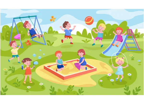 Niños felices juegan en el parque. Ilustración vectorial en estilo de dibujos animados. — Vector de stock