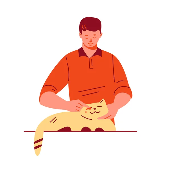 Een jongeman behandelt de ogen van een kat. Behandeling, huisdier zorg concept.Vector illustratie in platte cartoon stijl. Geïsoleerd op een witte achtergrond. — Stockvector