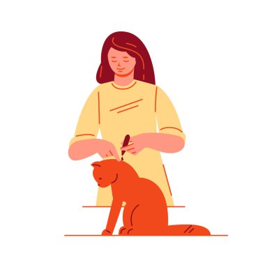 Tedavi, hayvan bakımı konsepti. Genç kadın kedinin pörsümüş kurusuna damlıyor. Çizgi film tarzında vektör illüstrasyonu. Beyaz bir arkaplanda izole edilmiş.