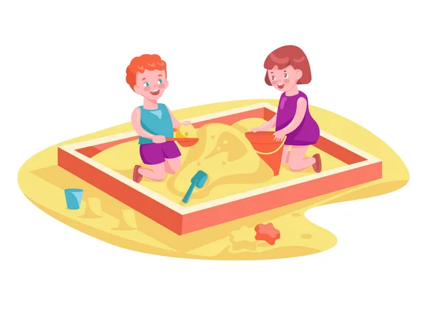 행복 한 아이들은 모래 상자에서 놀고 있습니다. 만화에 나오는 벡터 그림. — 스톡 벡터