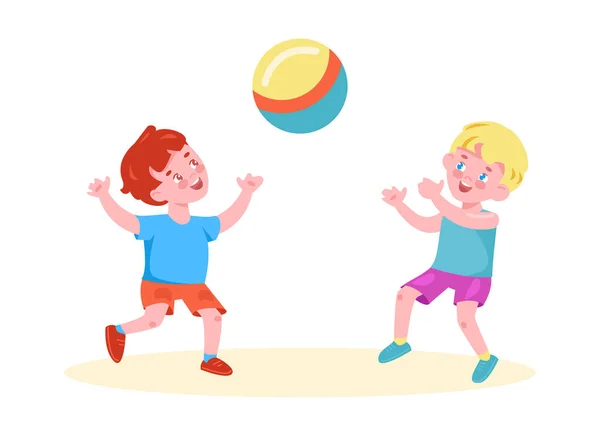 Crianças felizes jogam bola. Ilustração vetorial em estilo cartoon. Isolado sobre um fundo branco. —  Vetores de Stock