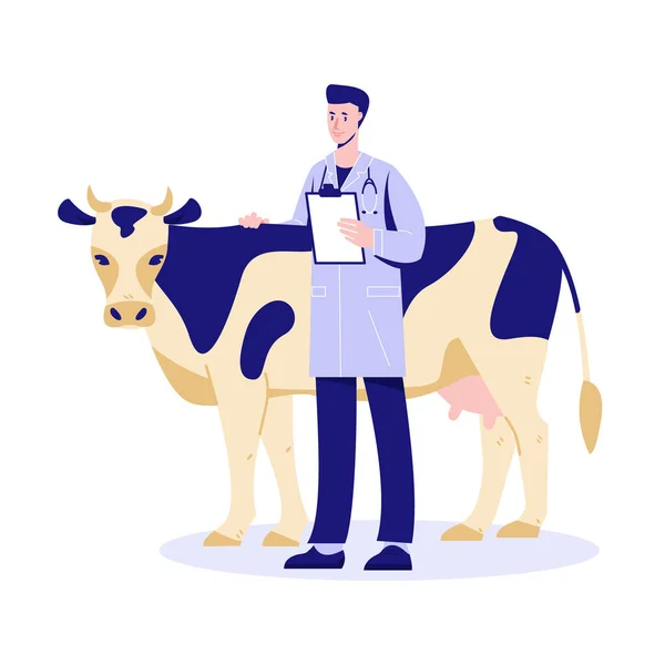 Dierenarts met een koe. Gezondheidscontrole. Voorbereiding op vaccinatie. Vector illustratie in platte cartoon stijl. Geïsoleerd op een witte achtergrond. — Stockvector