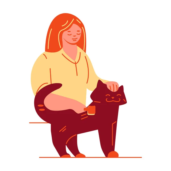 Mladá žena pročesává kočku. Starám se o péči o domácí mazlíčky. Vektorová ilustrace v plochém kresleném stylu. — Stockový vektor
