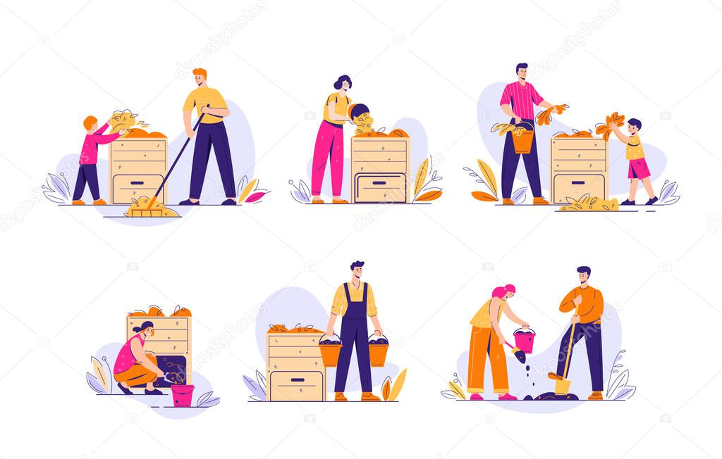 Compost bin with bio-recycling of waste. A pile of waste for organic fertilizers. Gardeners people next to the box. Set of vector illustrations in flat.