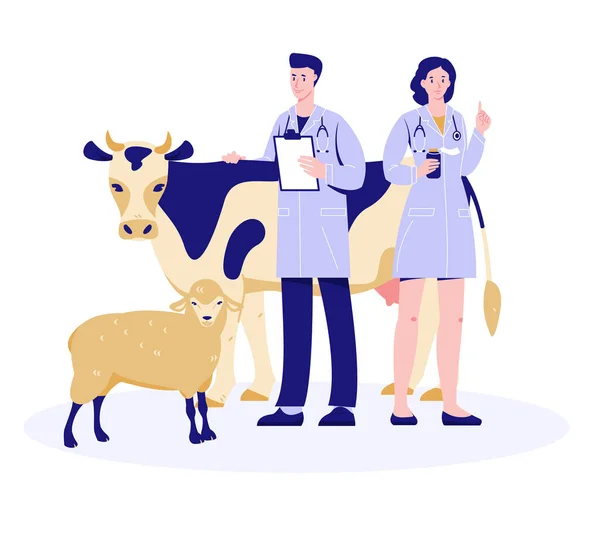 Vétérinaires Homme Femme Avec Une Vache Des Moutons Bilan Santé — Image vectorielle