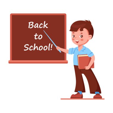A boy with a pointer at the blackboard. Back to school concept. Vector illustration in cartoon style. Isolated on a white.