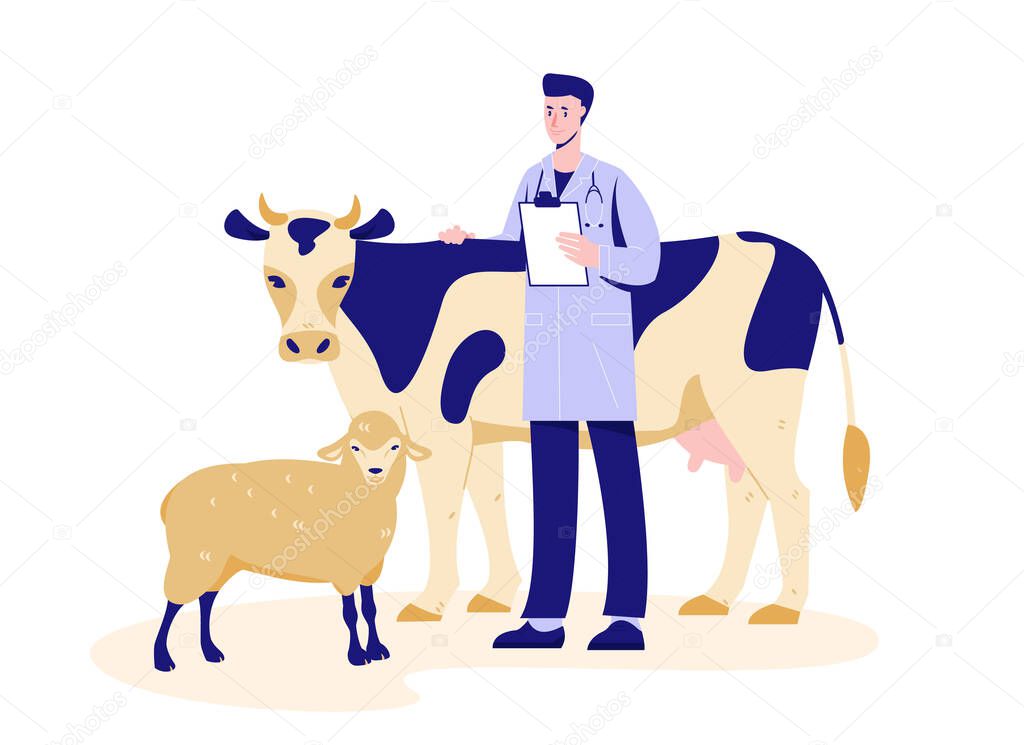 Veterinarian with a cow and sheep. Health check. Preparing for vaccination. Vector illustration in flat cartoon style. Isolated on a white.