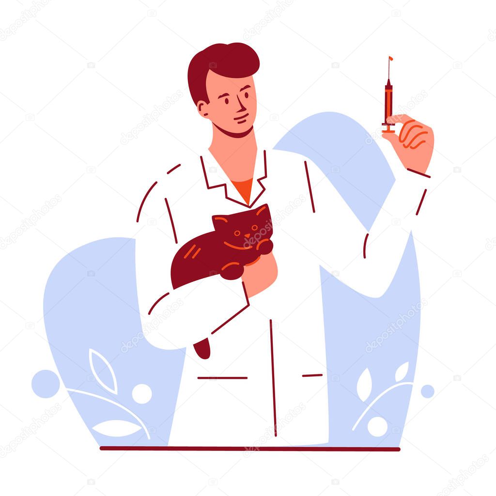 The veterinarian gives an injection to a cat. Pet care treatment, vaccinations. Vector illustration in flat cartoon.