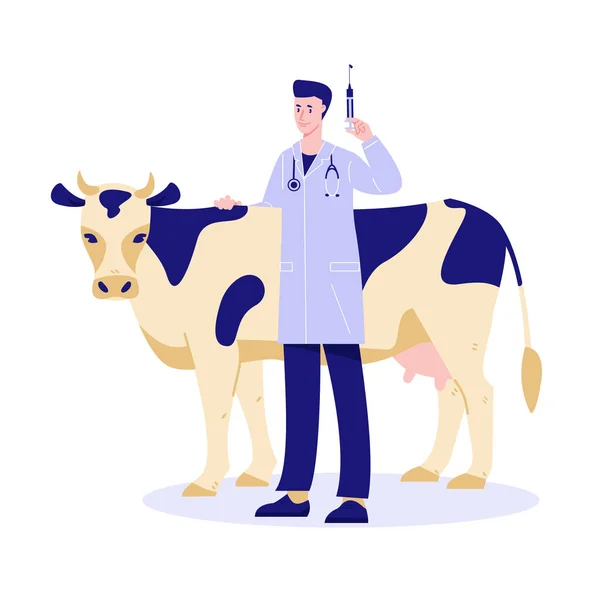 Vaccinatie van vee. Een dierenarts met een spuit naast een koe. Vector illustratie in platte cartoon stijl. — Stockvector