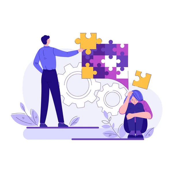 Psychology and psychotherapy session, mental healing and well-being, psychotherapist counseling. The woman and the therapist are putting together puzzles. Vector concept in flat cartoon style. — Stock Vector