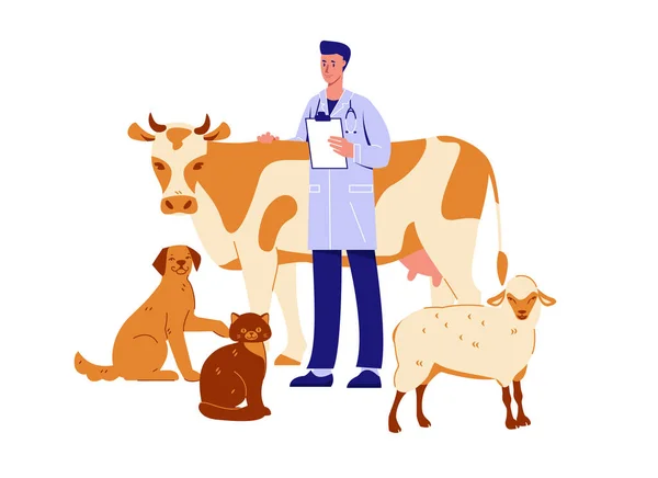 Vétérinaire avec animaux vache, mouton, chat, chien. Bilan de santé. Illustration vectorielle en style dessin animé plat. Isolé sur fond blanc. — Image vectorielle