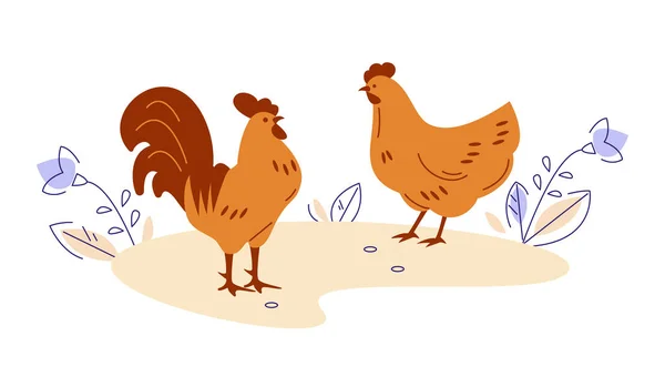 Rooster and hen. Vector illustration in flat cartoon style. — Stock Vector